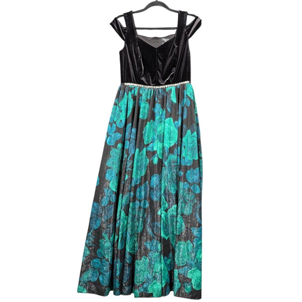 Alexa B Nites Venvet Sparkle Dressy Floral Dress Womens Size 8 Black & Green